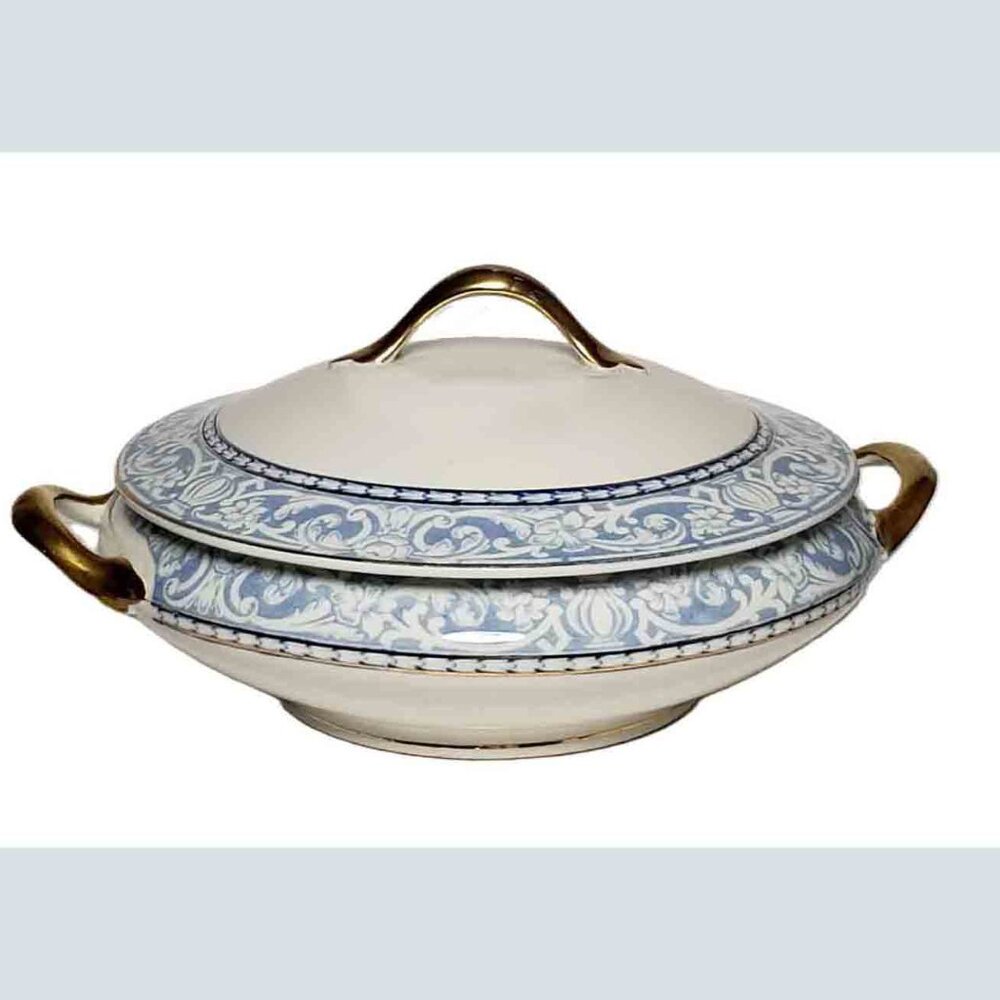 Vintage W. H. Grindley Covered Vegetable Dish Bowl Jasper White Blue Porcelain